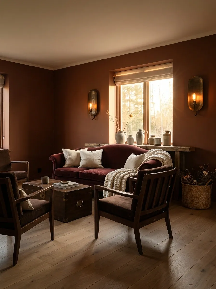 Dark Terracotta Apartment With Burgundy and Aged Bronze