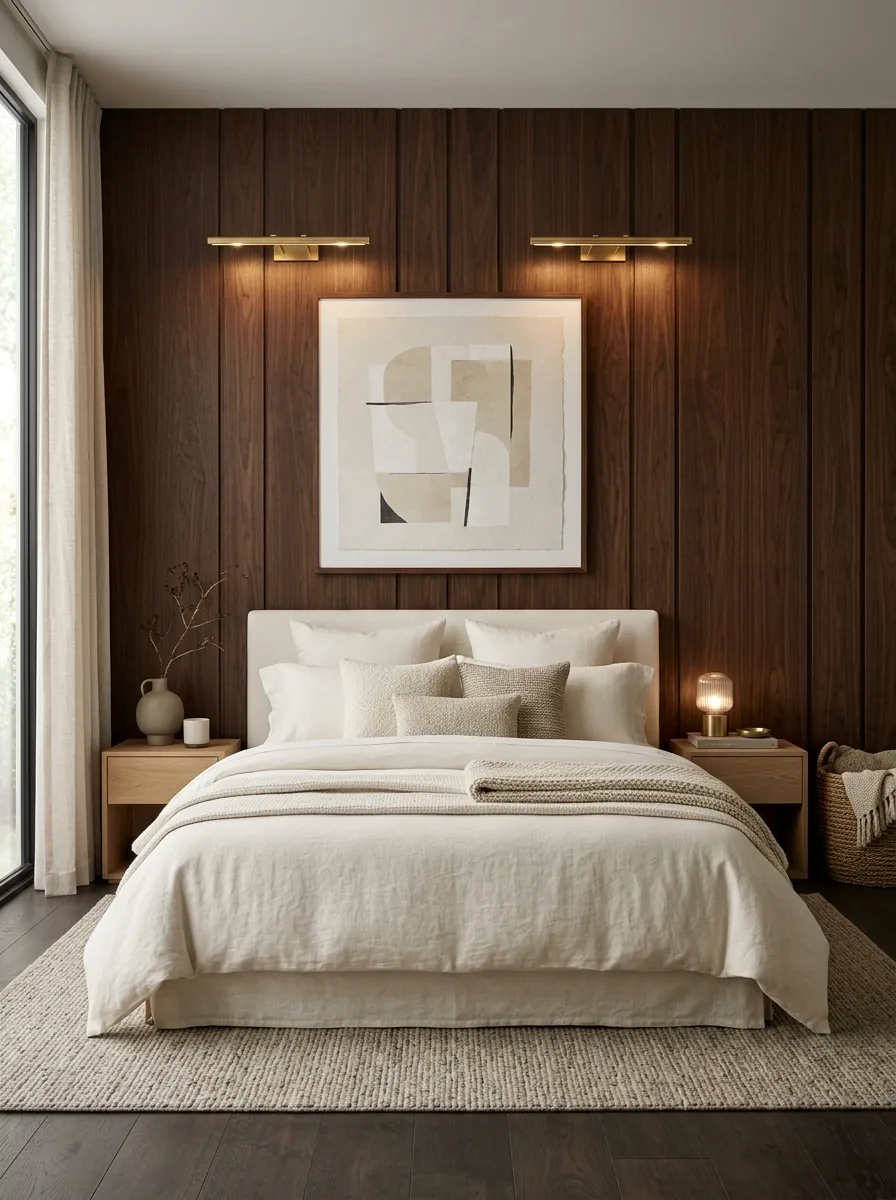 Dark Walnut Bed Wall With Slim Picture Lights