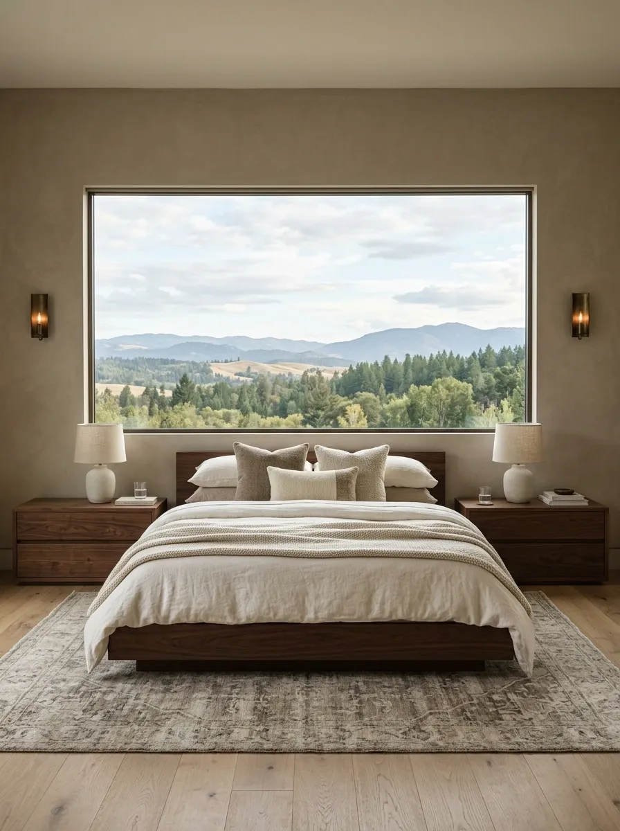 Dark Walnut Bedroom With a Large Landscape Window