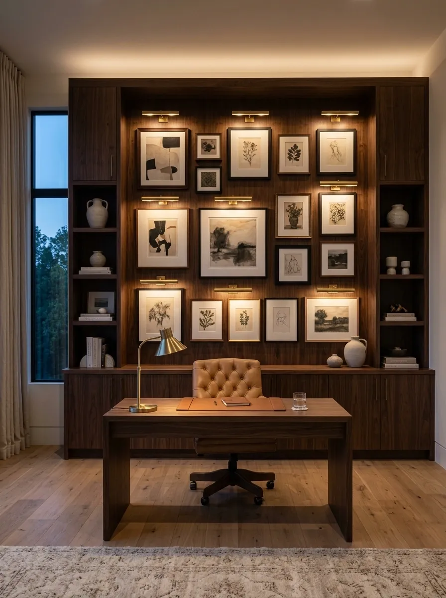 Dark Walnut Office With Integrated Picture Lighting