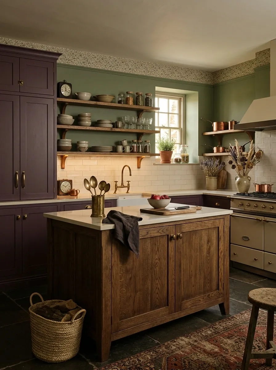 Dark Whimsical Kitchen With Plum, Green, and Floral Details