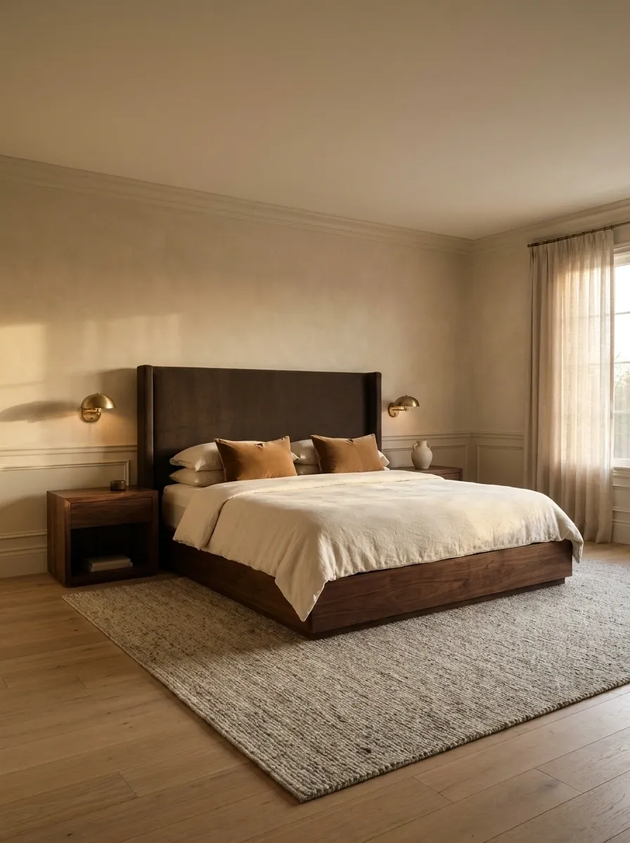 Dark Wood Bed in a Warm Tonal Bedroom