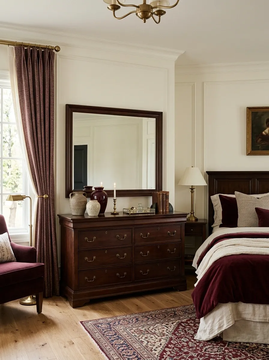 Dark Wood Dresser With Deep Burgundy Bedding and Aged Brass