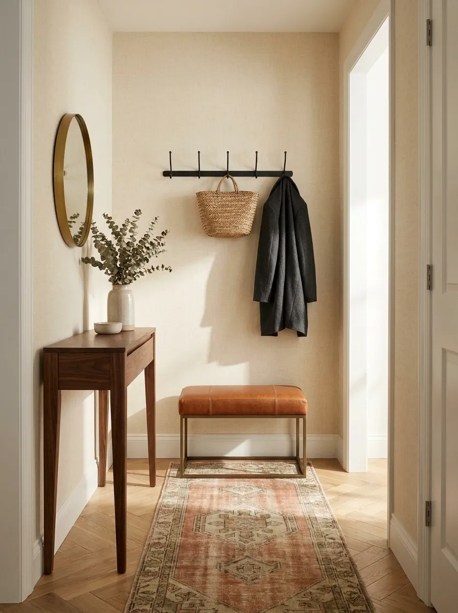 Dark Wood Entryway With Cream Walls and a Small Leather Bench