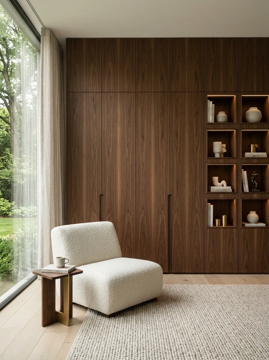 Dark Wood Storage Wall With One Statement Chair