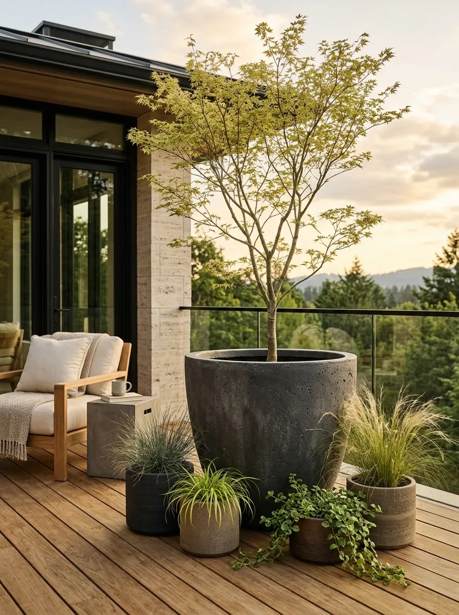 Deck Corner Garden With a Tree-Size Planter as the Main Anchor