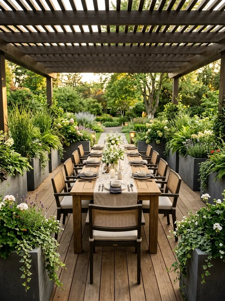 Deck Dining Area Wrapped in Planters for a Garden Restaurant Feel