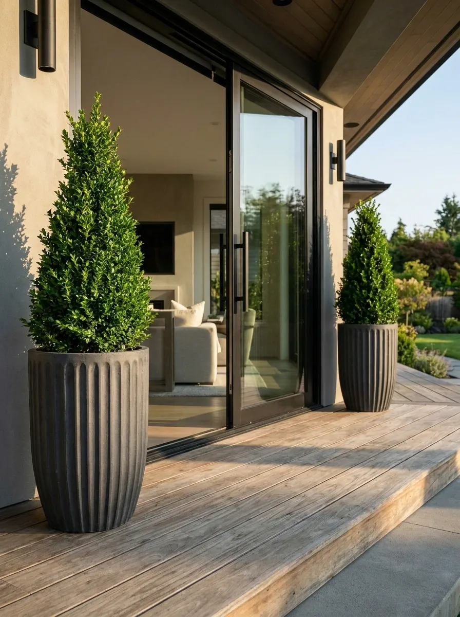 Deck Entrance Framed by Matching Tall Planters