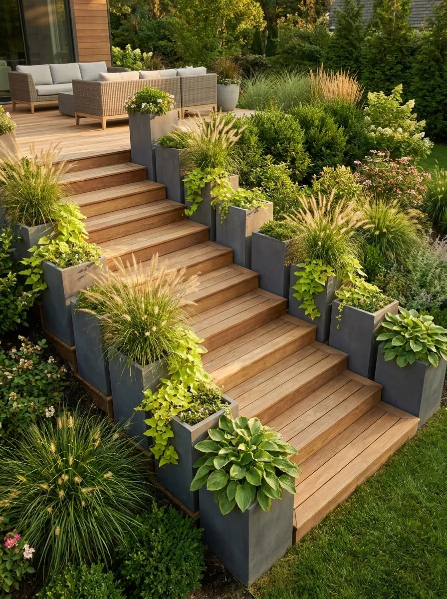 Deck Stairs Framed With Stepped Planters at Multiple Heights