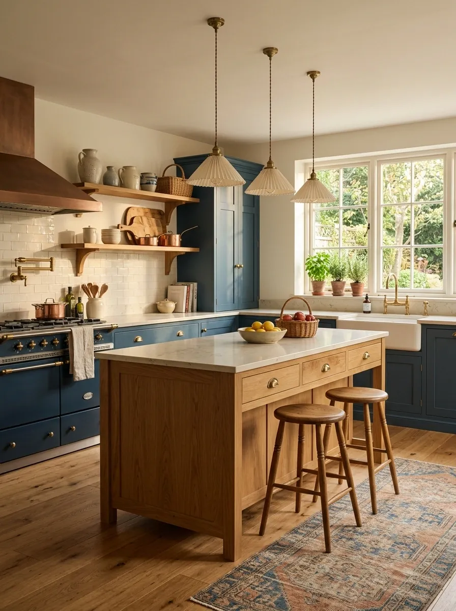 Deep Blue Kitchen With Warm Wood and Vintage Pendant Lights