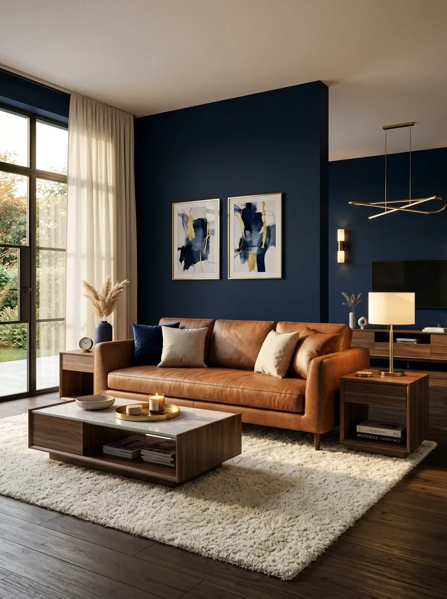 Deep Blue Living Room With a Rich Brown Sofa