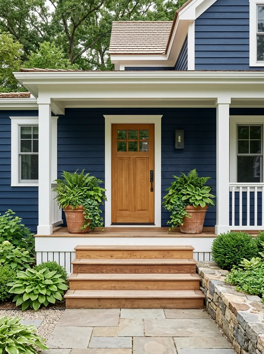 Deep Blue Porch With Warm Wood Steps