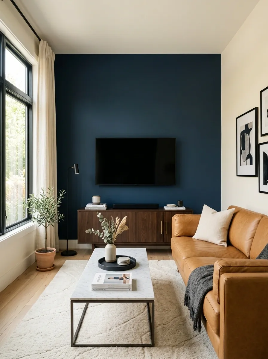 Deep Blue TV Wall With a Camel Sofa