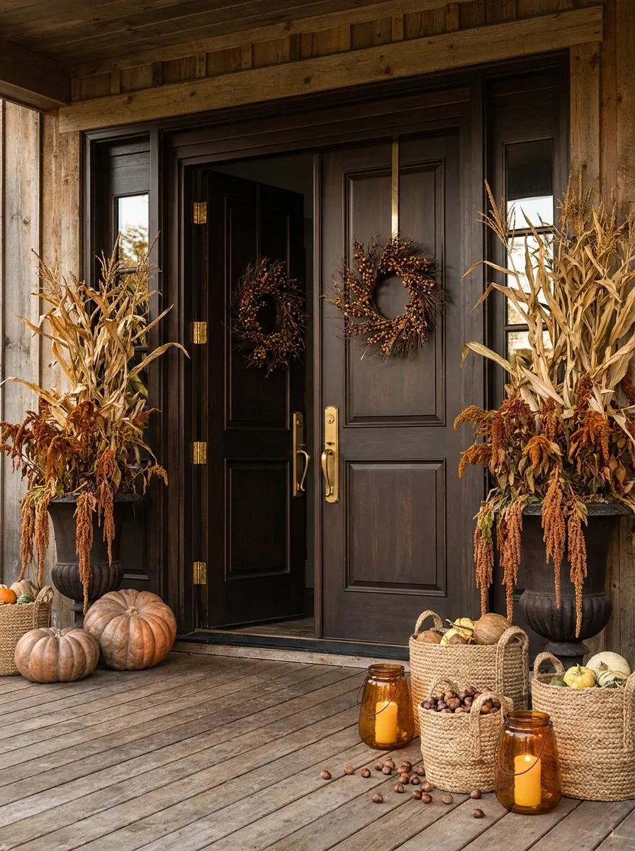 Deep Brown Door With Rust Foliage and Oversized Corn Bundles