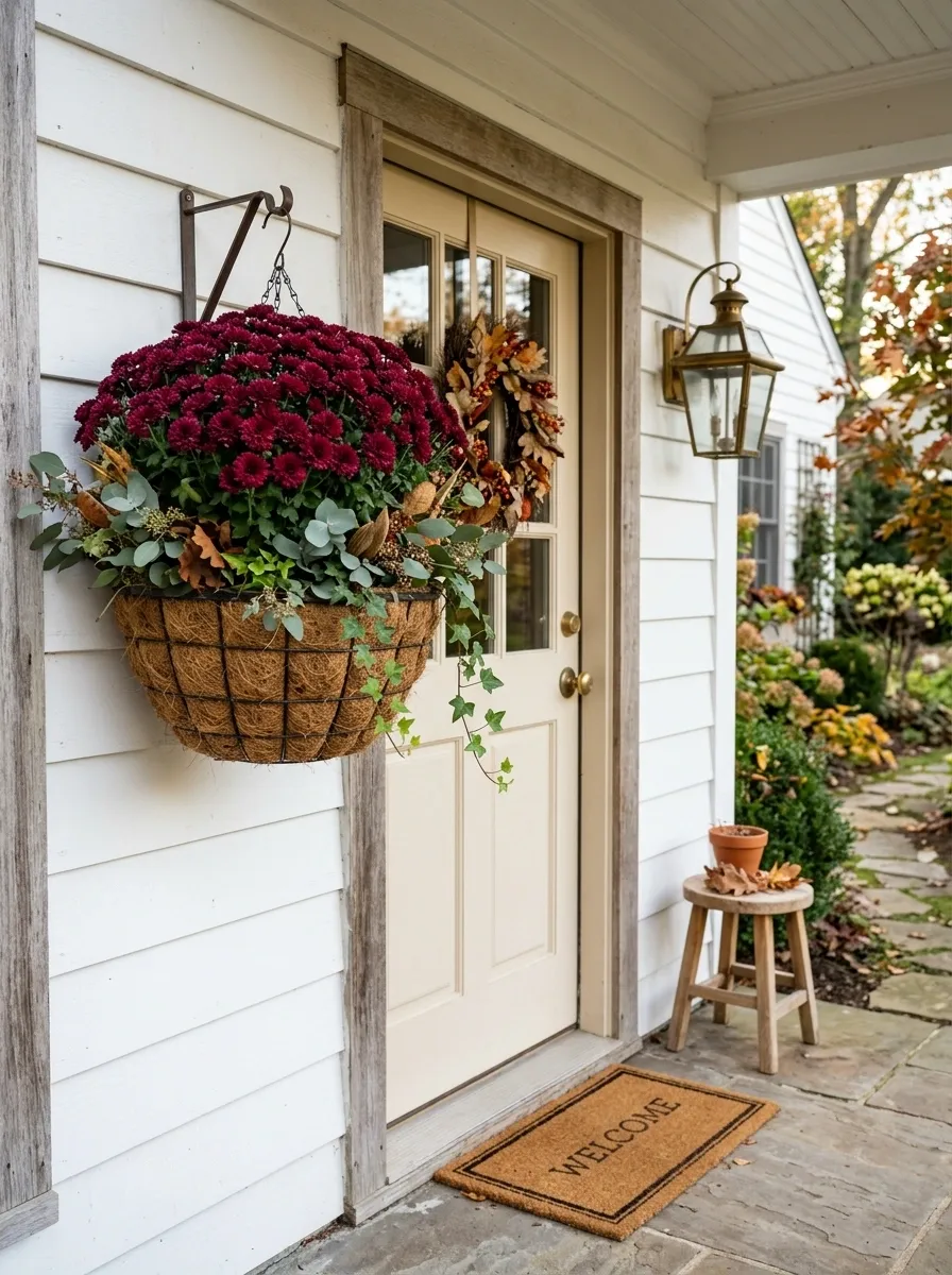 Deep Burgundy Mums Against a White Cottage Door