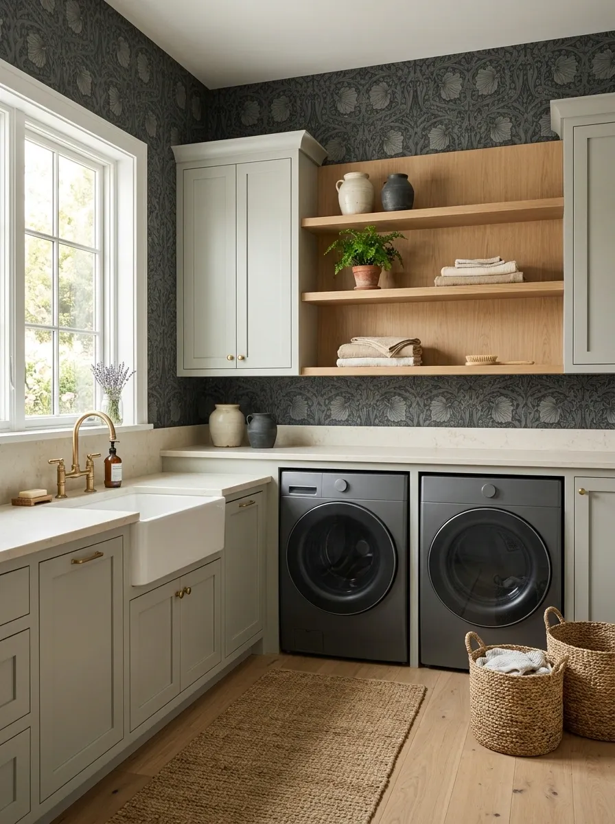 Deep Charcoal Floral Wallpaper With Pale Sage Cabinetry