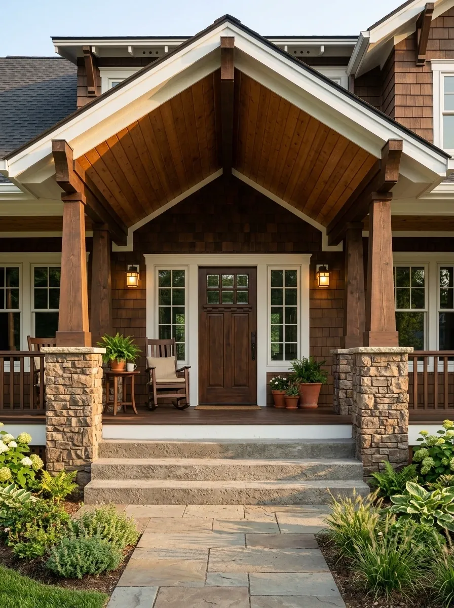 Deep Craftsman Porch With Tapered Stone Columns