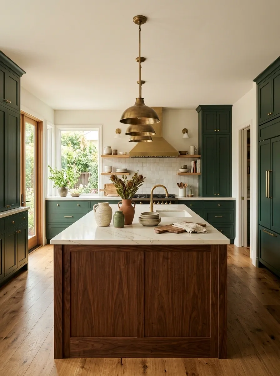 Deep Forest Green Kitchen With Warm White Walls and Walnut Details