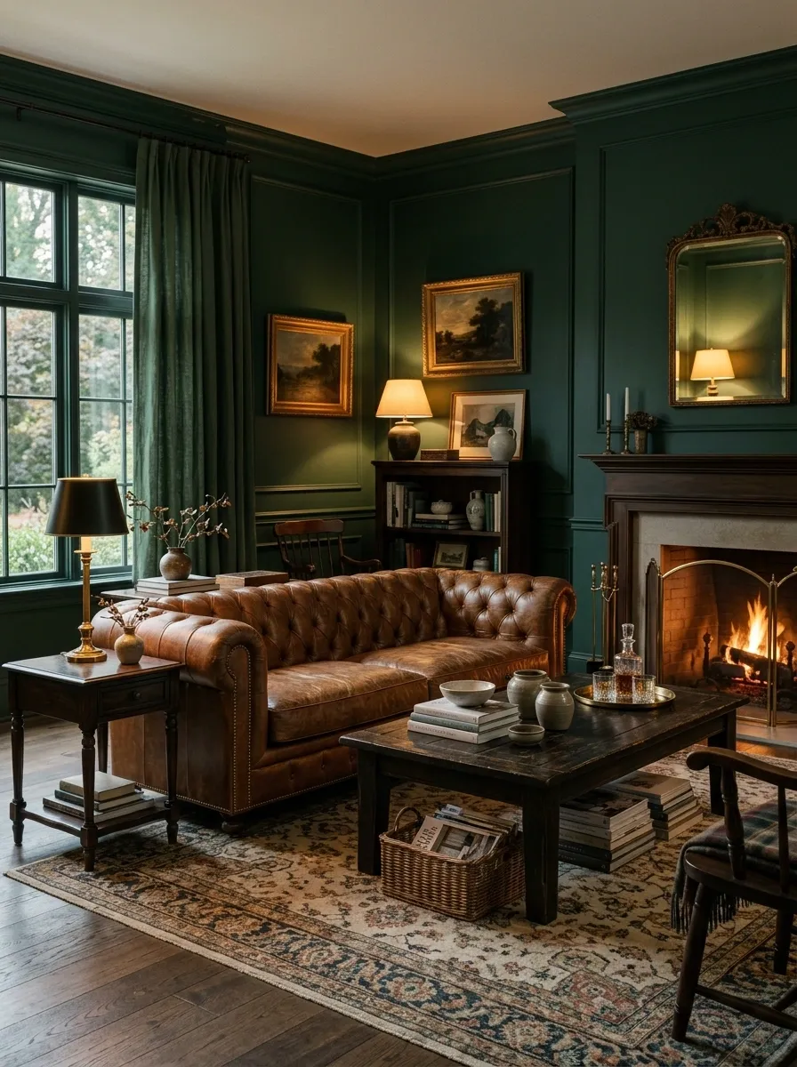 Deep Forest Green Living Room With Leather and Antique Wood