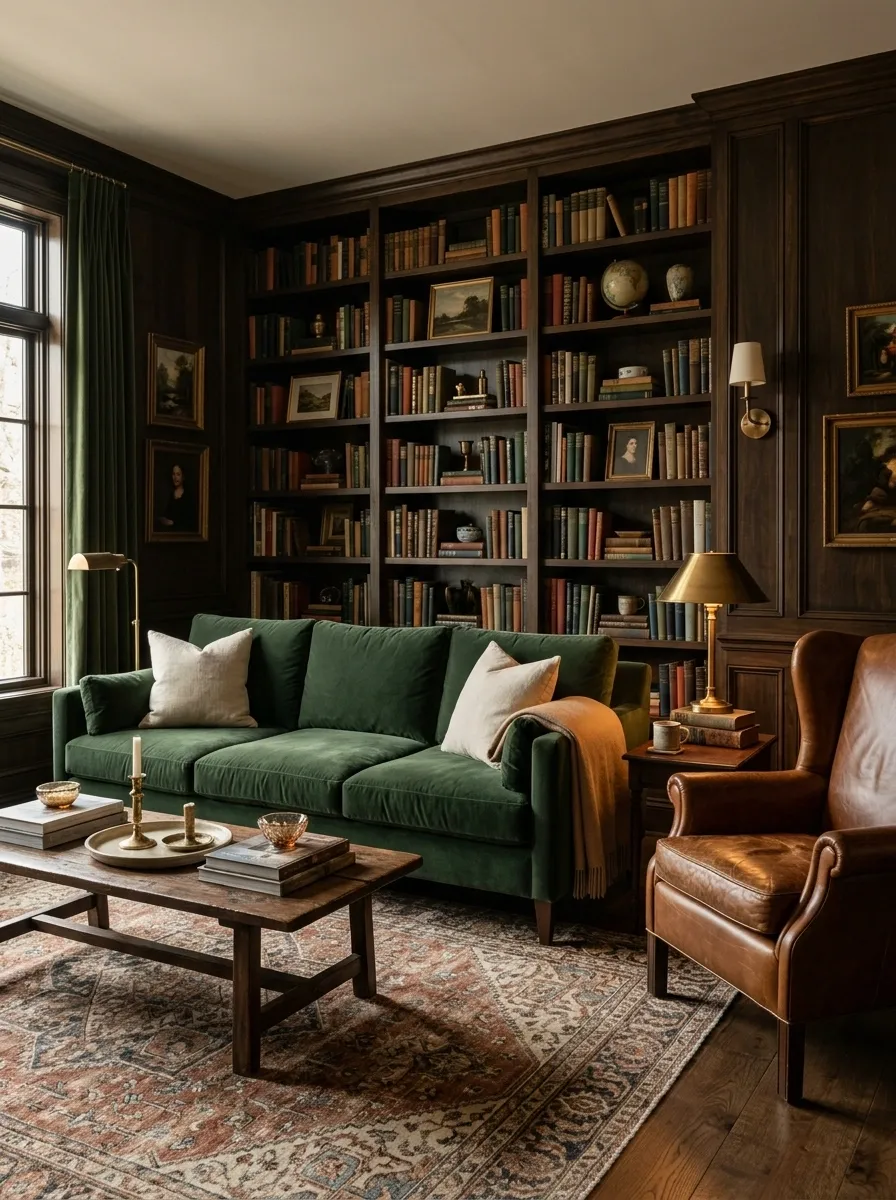 Deep Forest Green Sofa in a Moody Library-Style Living Room
