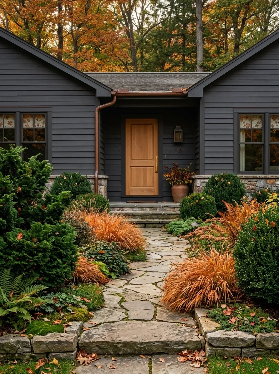 Deep Green and Copper Entry With Natural Stone