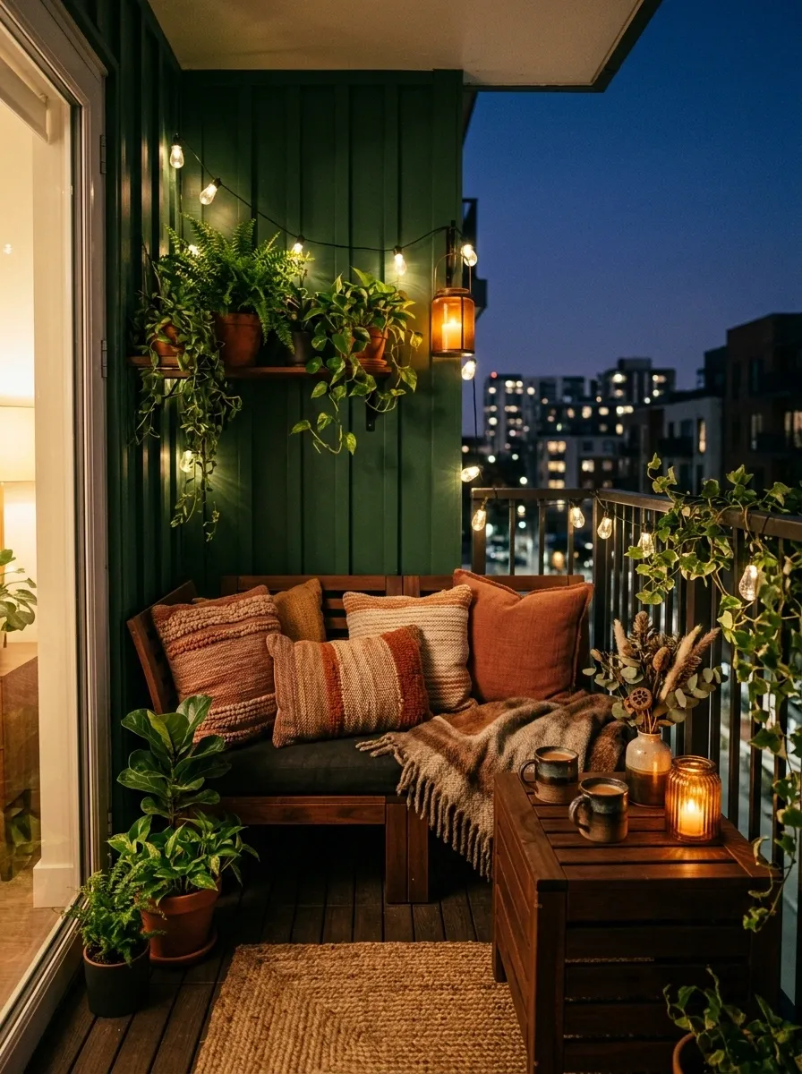 Deep Green Balcony With Amber Evening Light