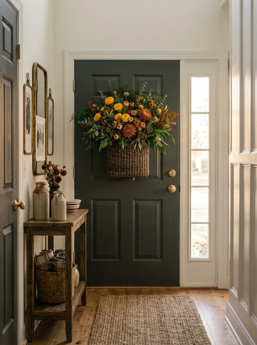 Deep Green Basket With Marigold And Rust Accents