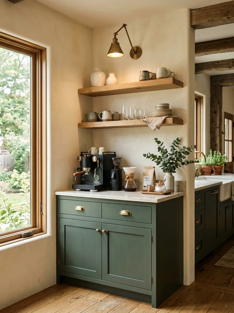 Deep Green Cabinetry With Natural Wood Shelving