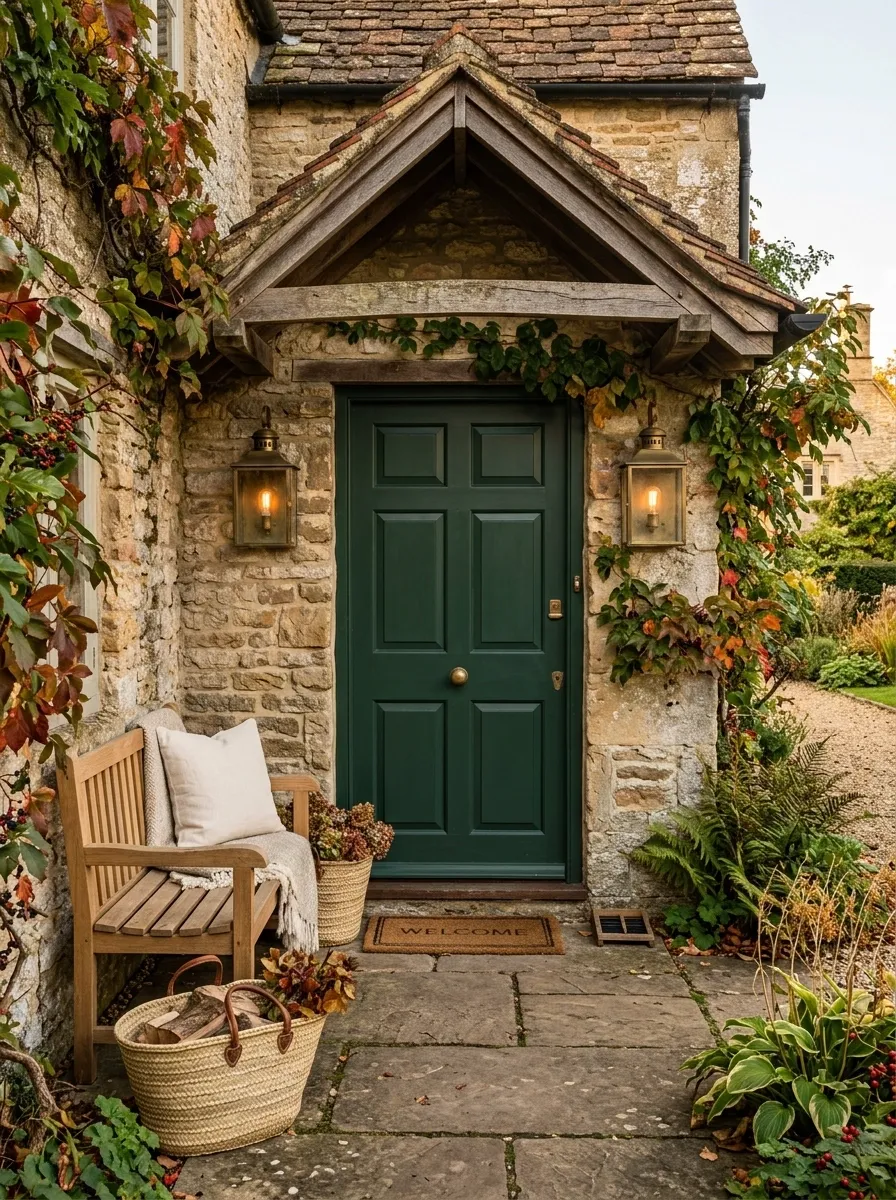 Deep Green Cottage Porch With Stone and Brass