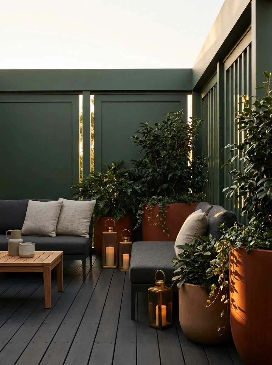 Deep Green Deck With Rust-Colored Planters and Moody Foliage