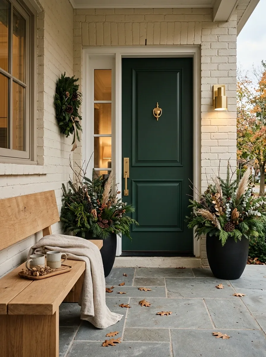 Deep Green Door With Cream Brick and Natural Wood