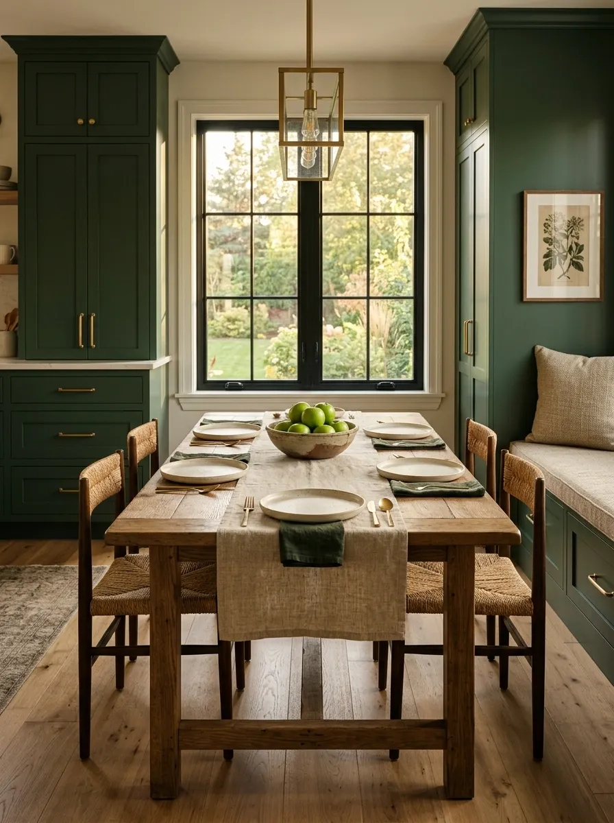 Deep Green Kitchen With Natural Wood Dining Corner