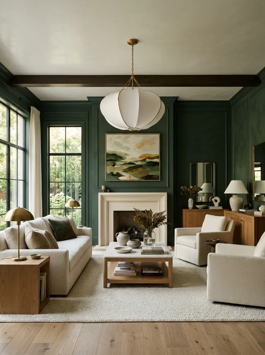 Deep Green Living Room With a Pale Ceiling and Sculptural Lighting