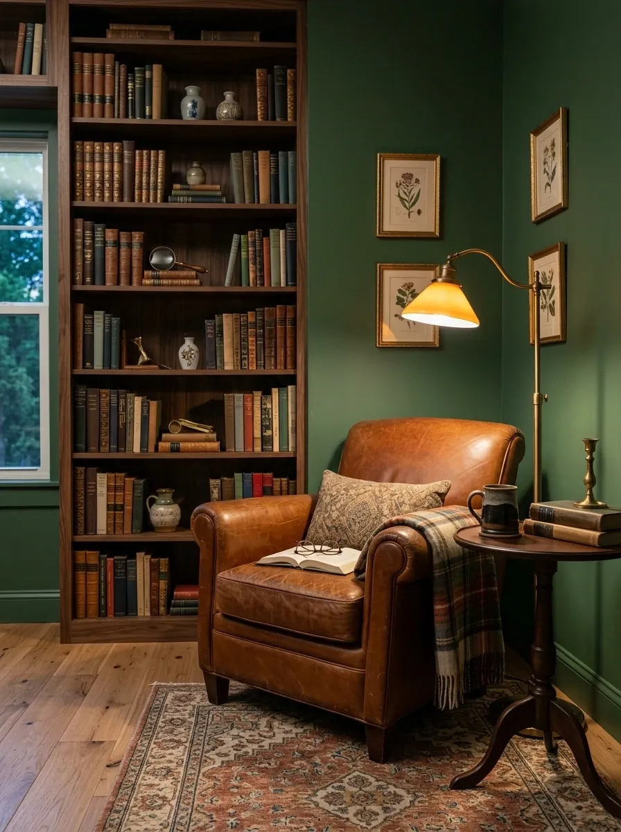 Deep Green Reading Room With a Leather Chair and Library Walls