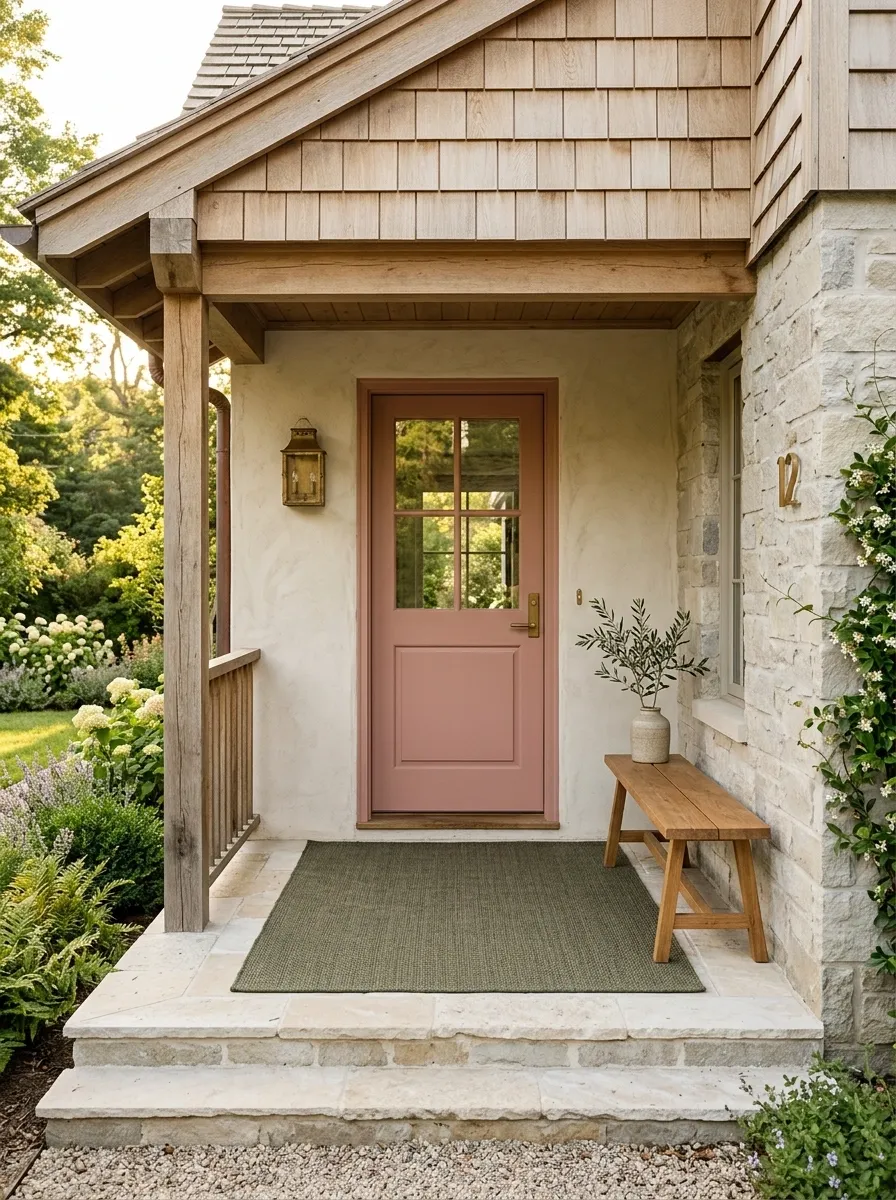 Deep Green Rug With a Soft Pink Door