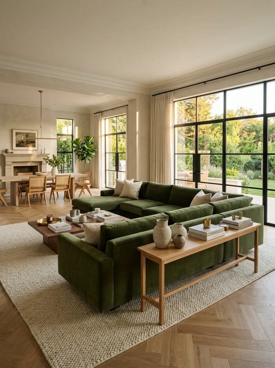 Deep Green Sectional Floating in a Large Open-Plan Room