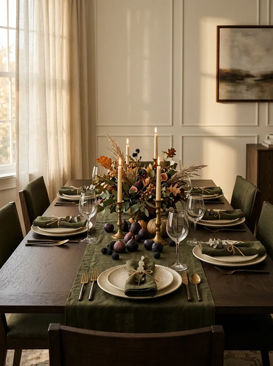Deep Green Table With Fig, Olive, and Candle Tones