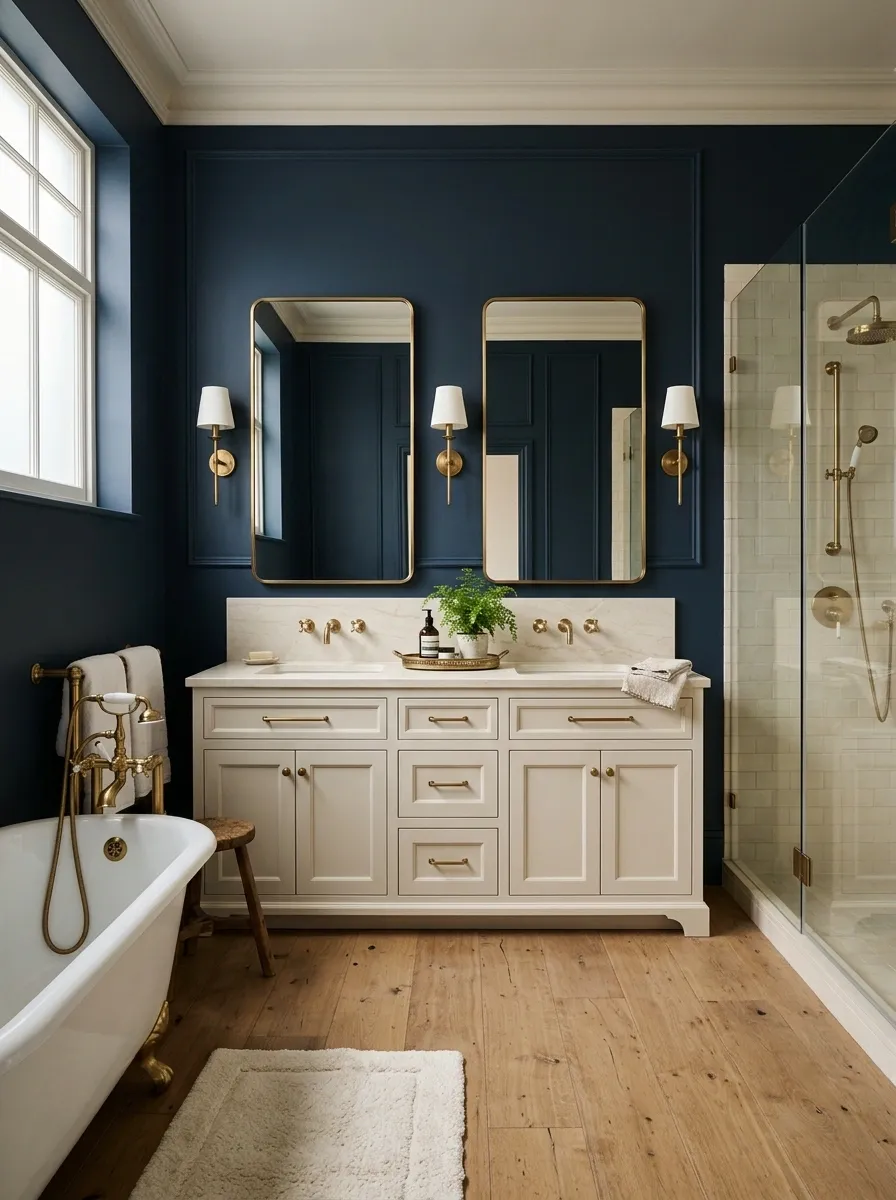 Deep Navy Bathroom With Cream Stone and Aged Brass