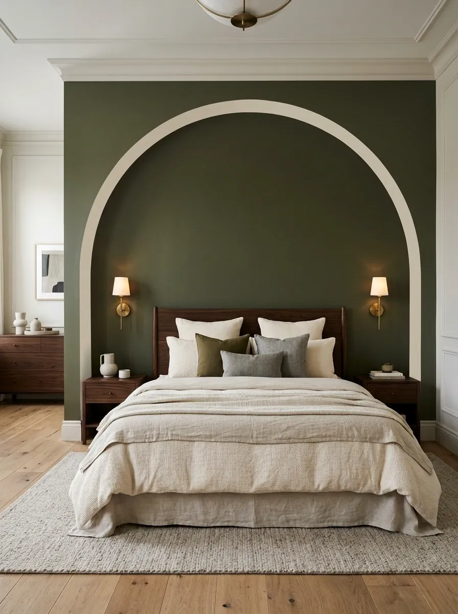 Deep Olive Bedroom With an Arched Painted Alcove