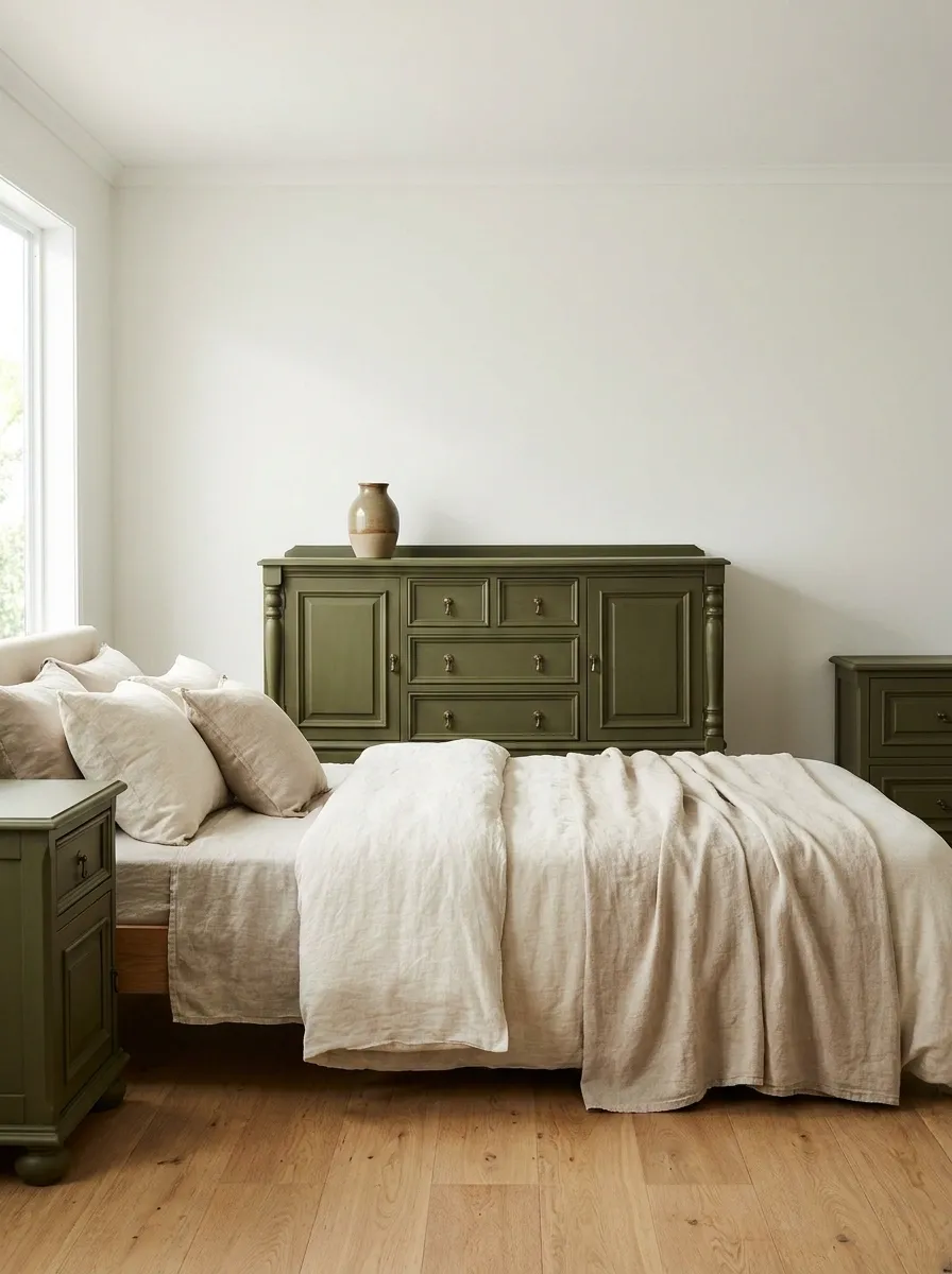 Deep Olive Furniture With Natural Linen Bedding