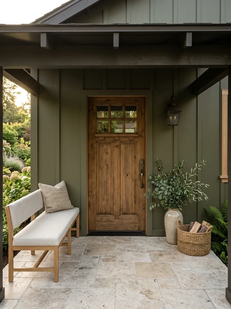 Deep Olive Porch With Natural Stone and Linen