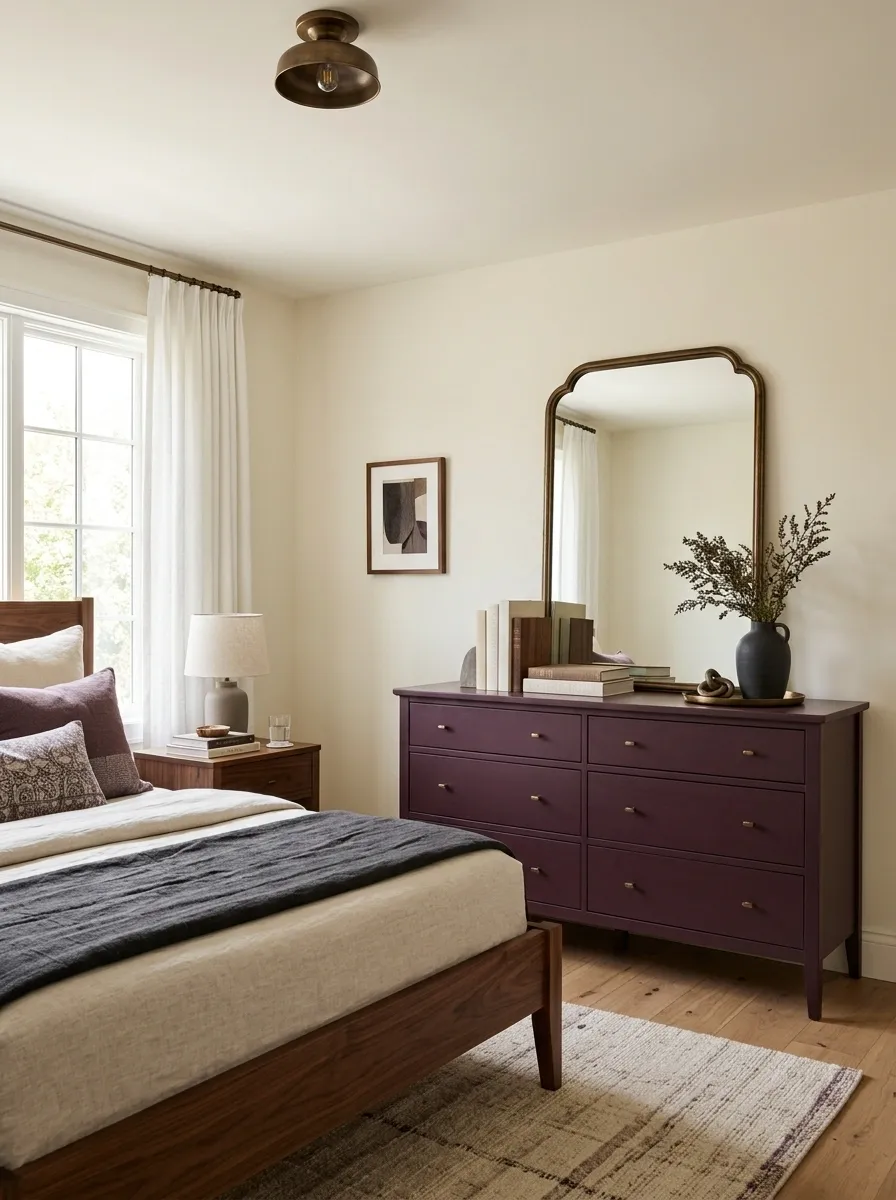 Deep Plum Dresser With Warm Cream Walls and Aged Bronze