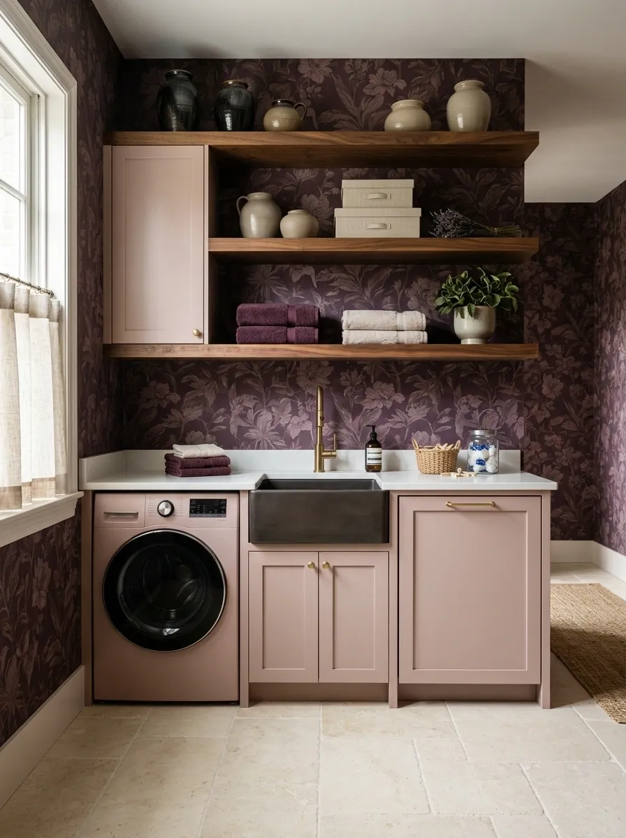 Deep Plum Floral Wallpaper With Blush and Walnut