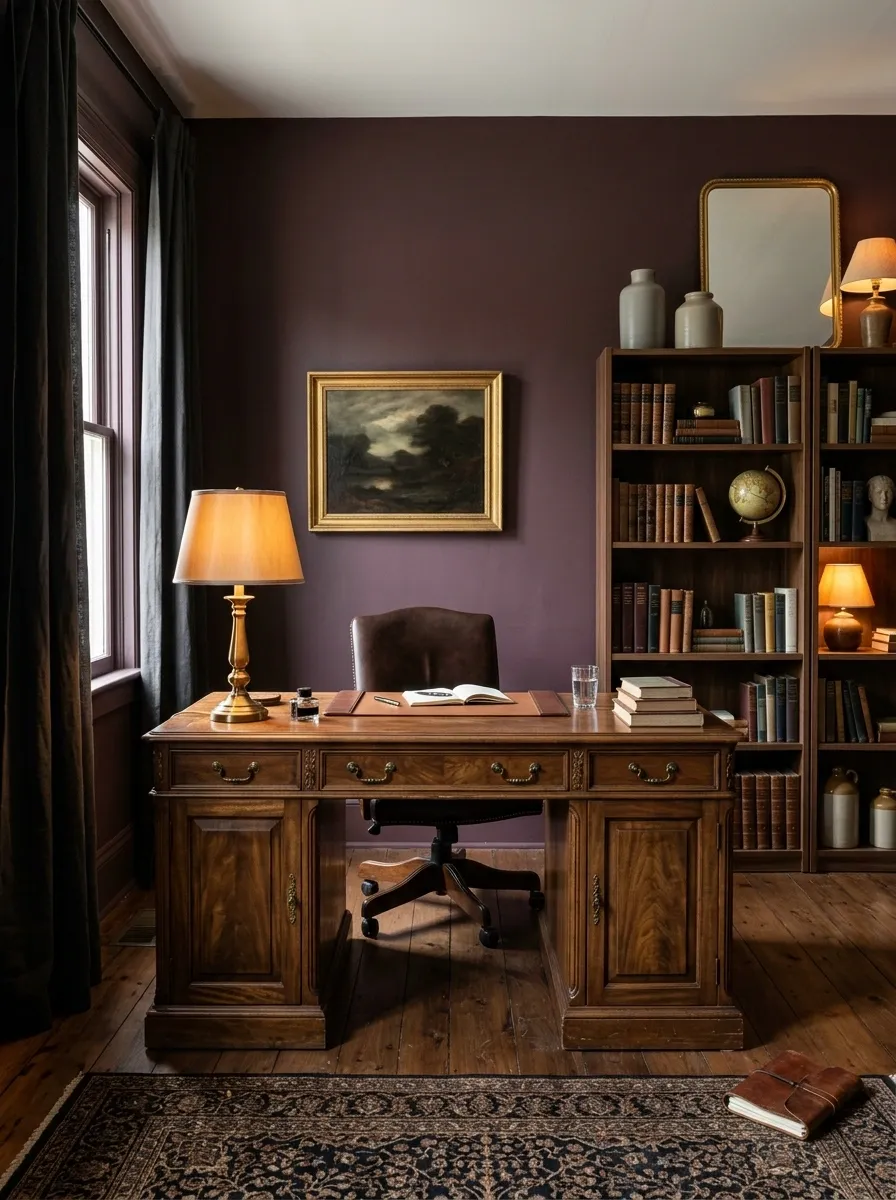 Deep Plum Office With Antique Gold Details