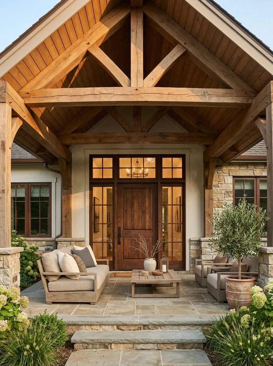 Deep Porch With a Vaulted Wood Ceiling and Large Windows
