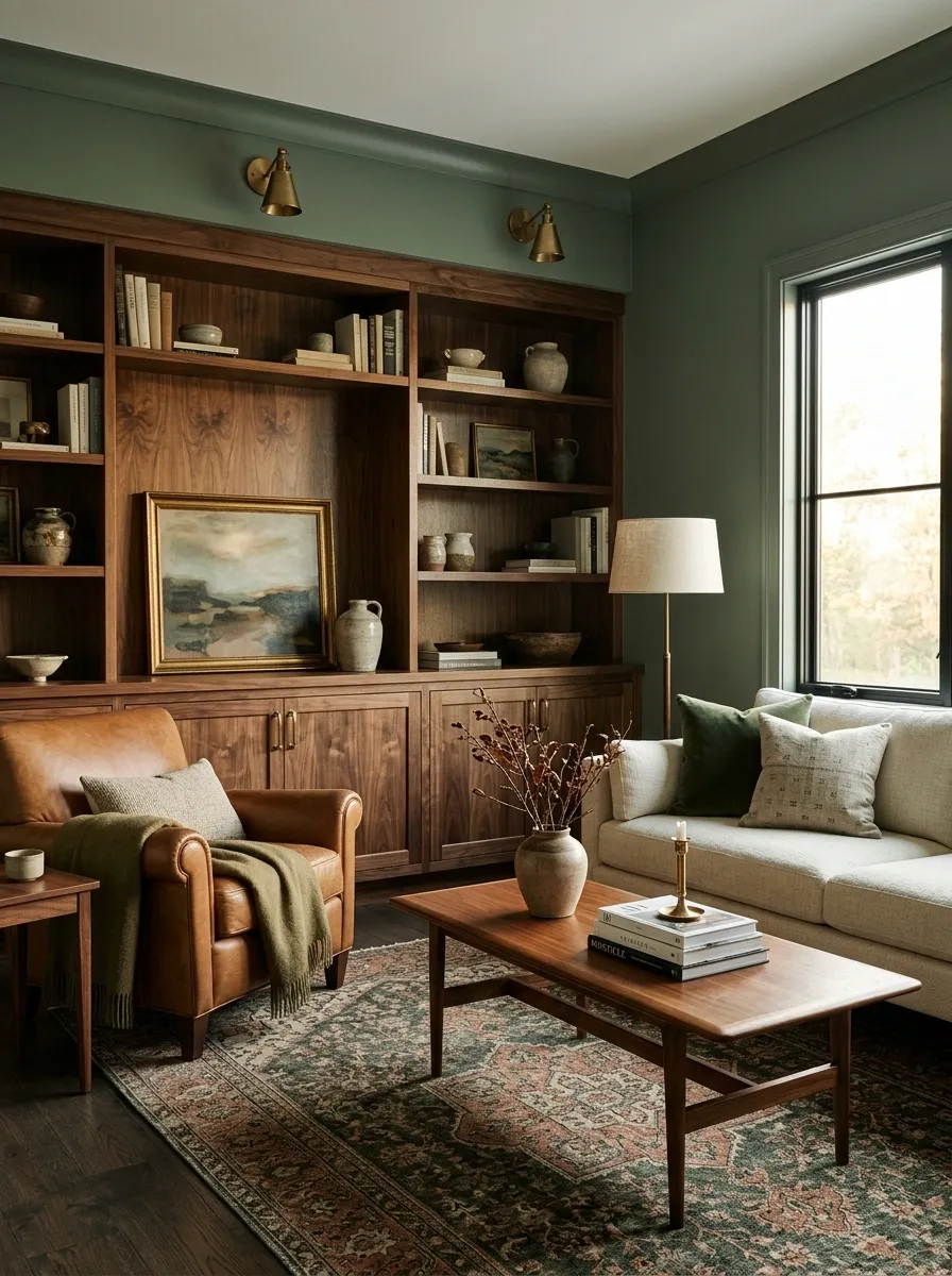 Deep Sage Living Room With Walnut Furniture and Aged Brass