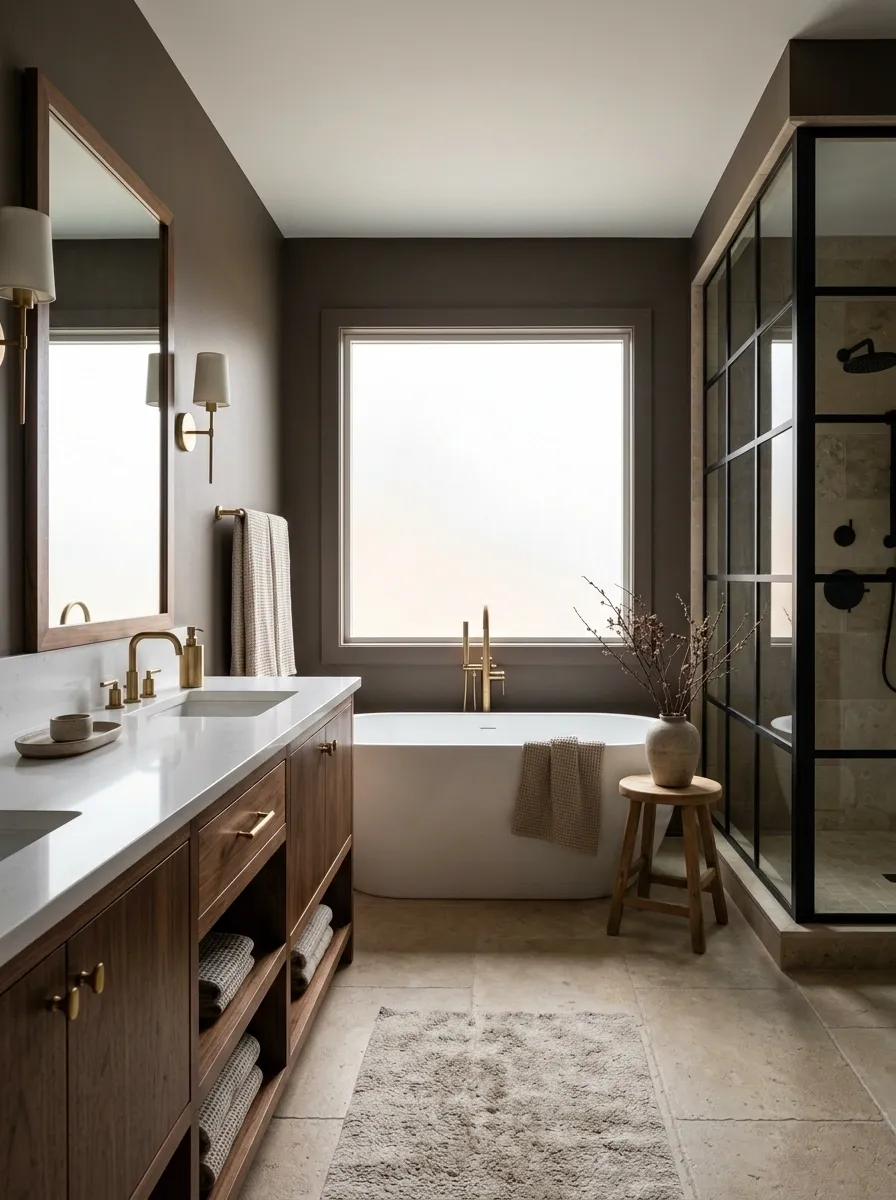 Deep Taupe and Beige Bathroom With Walnut Furniture