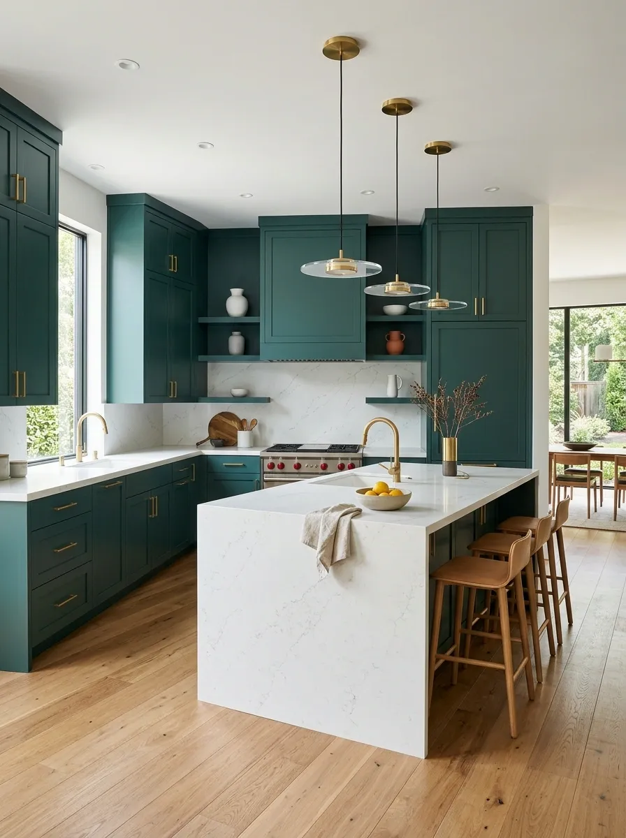 Deep Teal-Green Kitchen With White Quartz and Oak