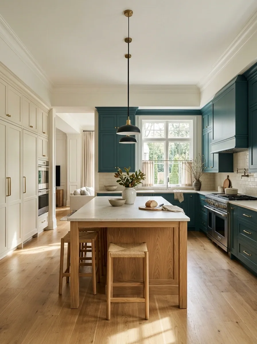 Deep Teal, Natural Oak, and Cream Transitional Kitchen