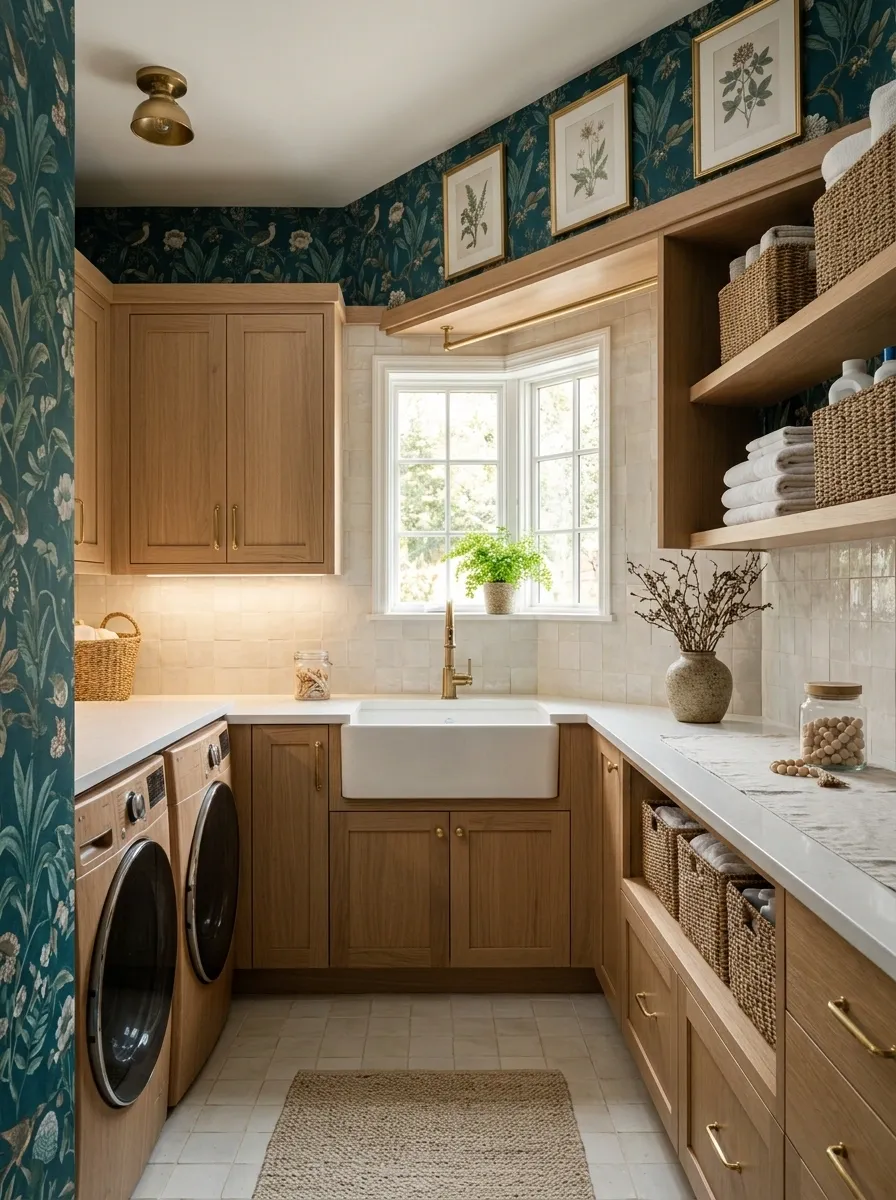 Deep Teal Wallpaper With Rich Wood and Cream Tile